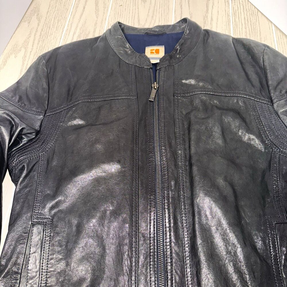 BOSS Orange Men's Black Leather Full Zip Band Collar Jacket Logo Size L 42"